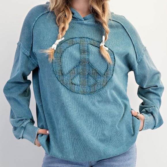 NEW EASEL CLOTHING WASHED TERRY KNIT PULLOVER PEACE HOODIE TEAL SWEATSHIRT - Picture 4 of 8